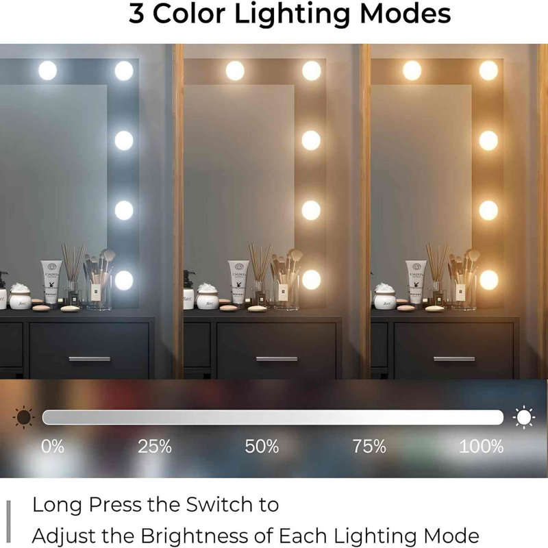 Dressing Table With Mirror And LED Lights, Power Outlet And USB, 3 Ligshting Modes, 5 Drawers, Stool, Black