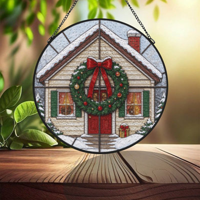 Maison enneigée avec (1) panneaux en verre coloré Suncatcher pour décor de fenêtre