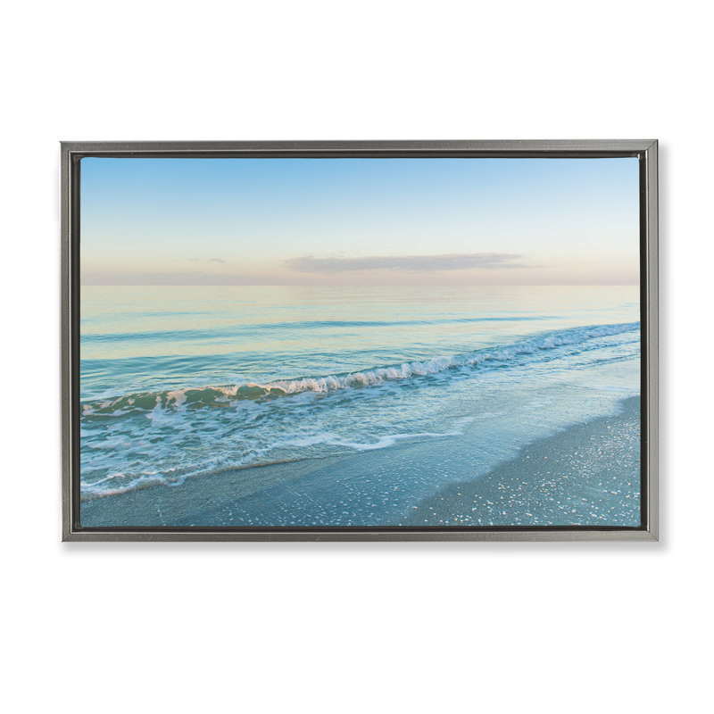 Cadre flottant Serene Waves at Sunrise, design par Mary Lou Johnson, Cadre flottant gris lustré, H 21 po x l 31 po