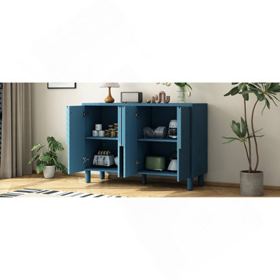 Buffet 4 portes avec rangement, armoire en bois avec poignées arquées uniques et tablettes réglables pour la salle à manger, la cuisine et le salon (bleu marine)