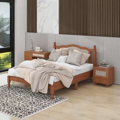 Ensemble de chambre à coucher 3 pièces avec cadre de lit en bois, 1 table de chevet rétro et 1 coiffeuse de maquillage avec tabouret