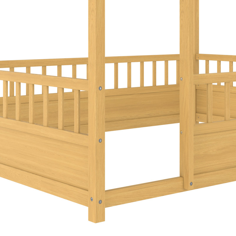 Lit double pleine grandeur avec structure en pin naturel, barrière de sécurité pour chambre à coucher confortable, lit à structure facile à assembler, repos en bois sécuritaire, entrée spacieuse