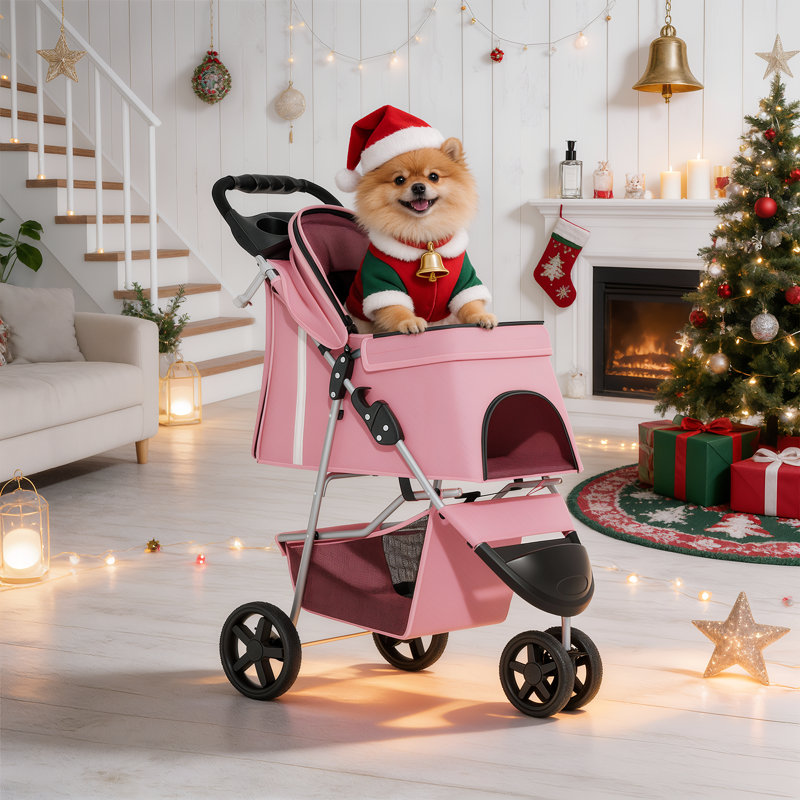 Foldable Pet Stroller, 3 Wheels Folding Carrier Jogger Stroller for Dogs Cats with Canopy and DIY Stickers, Pink