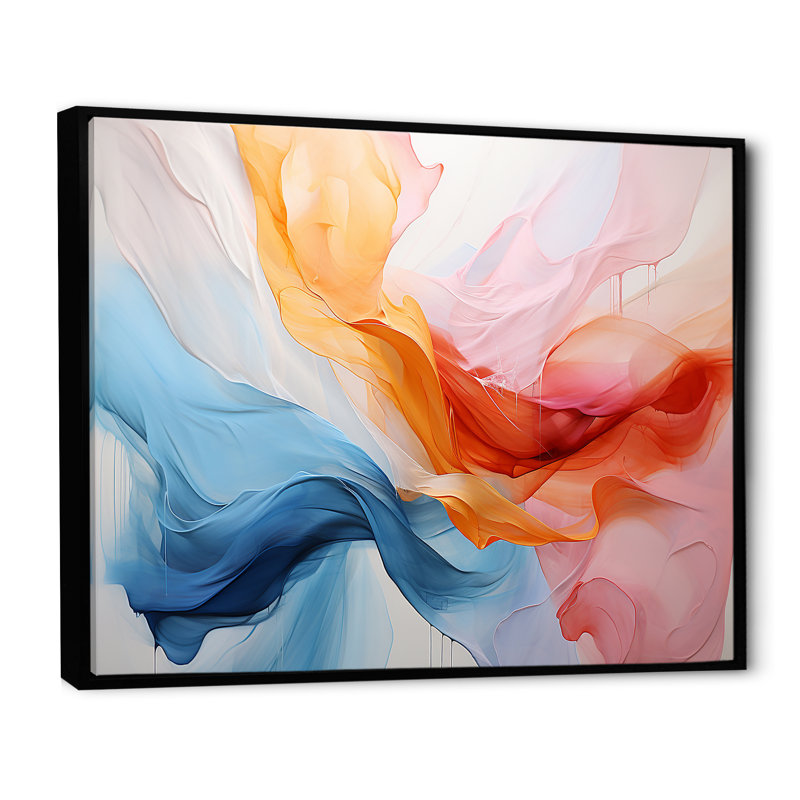 Rose et bleu apaisant tourbillonnant I - art mural abstrait, Cadre flottant noir, H 34 po x l 44 po x P 1,5 po