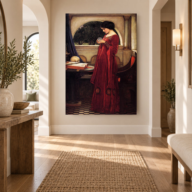 «Red Gown Woman», boule de cristal pré-raphélite, art mural sur toile, 54" H x 36" W