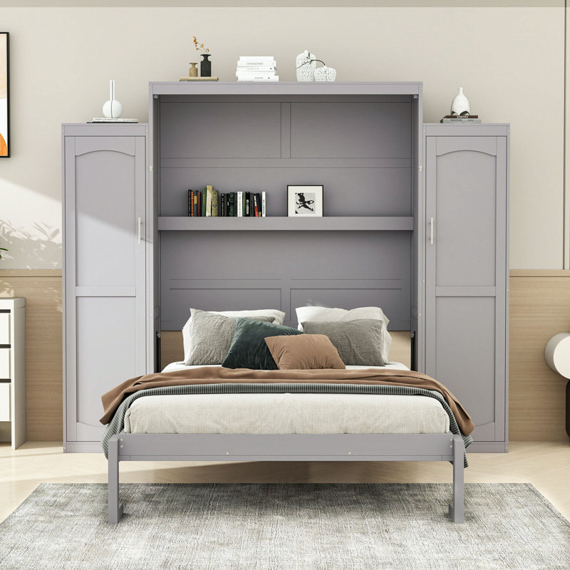 Lit escamotable avec armoire intégrée et tablettes de rangement, Gris, Grand lit