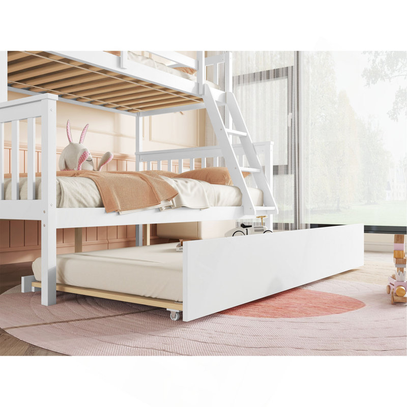 Twin Over Full Rubber Wood Bunk Bed With Trundle, Convertible Ladder And Guardrail, Detachable, Convertible Bed, With Twin Size Trundle ,White