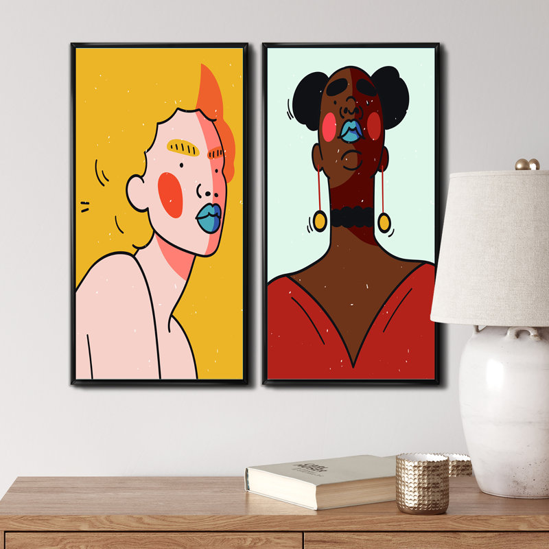 «Retro Woman Portrait Minimalistic Pop X», ensemble de 2 impressions, H 20 po x l 24 po x P 1 po, Cadre noir