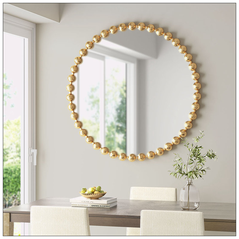 Metal Room Wall Mirror with Beaded Detailing, 36" x 36", Gold