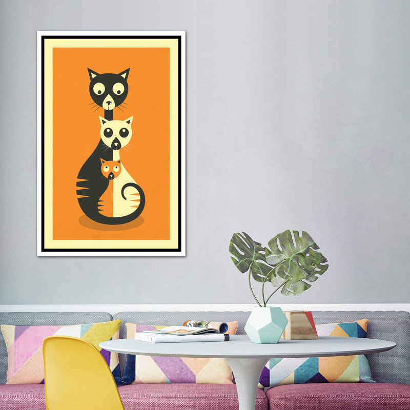 Décoration murale chats assis, H 60 po x l 40po x P 1,5 po, Toile blanche encadrée