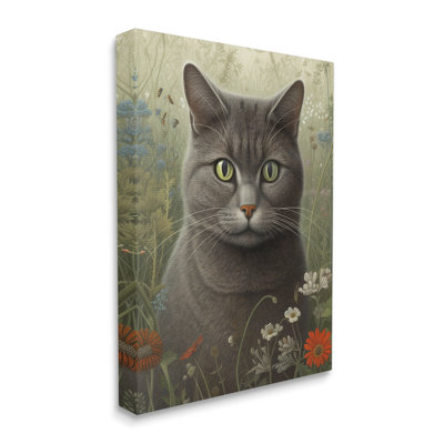 Chat gris dans un champ de fleurs sur toile par LSR Design Studio, peinture