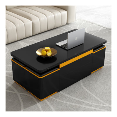 Table basse à plateau relevable avec 4 tabourets de rangement, table basse moderne avec plateau pliable, table basse réglable multifonctionnelle pour le salon
