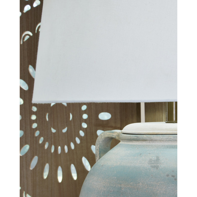 Antiqued Green Terra Cotta Table Lamp with Fabric Shade