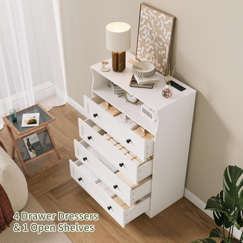 Grande commode 4 tiroirs avec lumière DEL et chargement USB, commode verticale moderne pour chambre à coucher, placard, entrée, chambre de bébé, salon