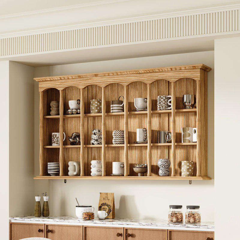 55.1" W Wall-Mounted Display Shelf with Multi-Compartment Open Storage & Arched Wood-Grain Design