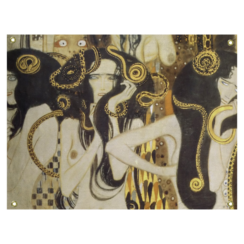 Tapisserie murale avec frise Beethoven de Gustav Klimt - polyester éclatant, fini à la main, prêt pour l'extérieur, Jaune
