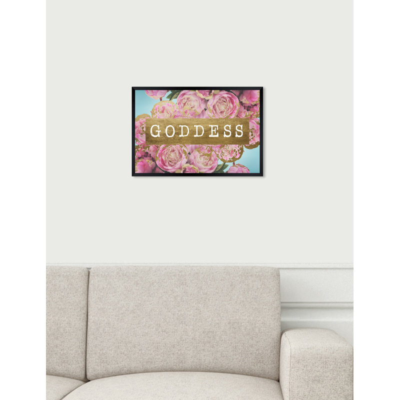 «Lynn Goddess Florals Gold» par Oliver Gal - reproduction d'art textuel, H 20 po x l 30 po x P 1,5 po, Cadre noir