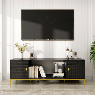 Meuble télé 70 po, meuble multimédia en bois robuste avec rangement et tablettes ouvertes pour le salon, design moderne (noir)
