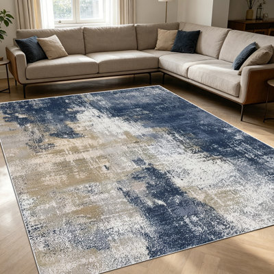 1PC Distressed Abstract Navy Blue & Beige Watercolor area rugs for Living Room, Soft and Comfortable, Suitable for all seasons, easy-to-maintain, machine washable Indoor floor mat, Under Table Farmhouse suitable for dining room, bedroom, home office,