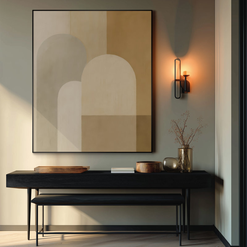Très grande reproduction d'art sur toile - Art abstrait géométrique minimaliste, motif d'arche aux tons neutres, œuvre d'art contemporaine pour le salon ou la chambre à coucher - «Assemblage requis du cadre (cadre non fini)»
