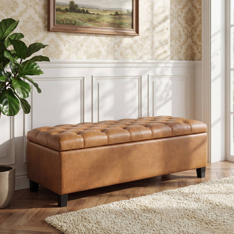 Banc repose-pieds avec rangement, surface en polyuréthane, pieds en bois d'hévéa, Brun