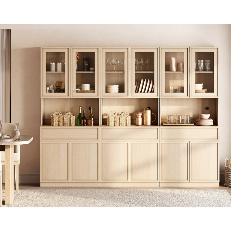 Buffet en bois de 94,5 po de large avec portes en verre, tiroirs et tablettes réglables, armoire de rangement en verre de 72 po de hauteur pour la cuisine de la salle à manger