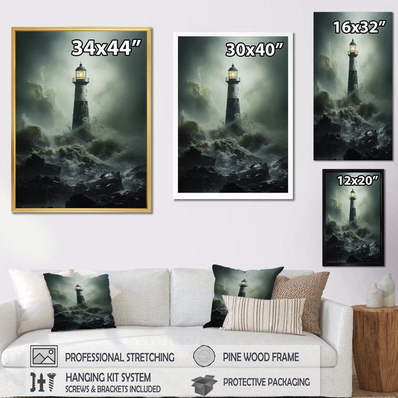Phare aux prises avec les vagues orageuses I, Cadre simple noir, H 20 po x l 12 po x P 1 po