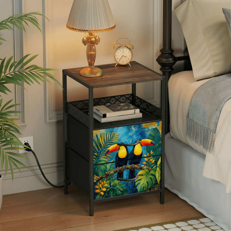 Table de chevet 2 tiroirs avec station de charge, table de chevet pour chambre avec ports USB et amp; Table de chevet noire Outlets