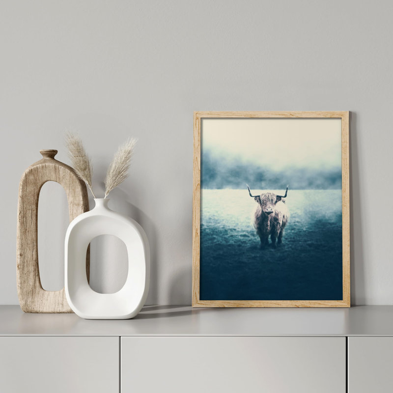 «Lake Landscape Washed Out Shetland Bétail Hignland Cow Bull» sur papier, H 10 po x l 8 po, Naturel