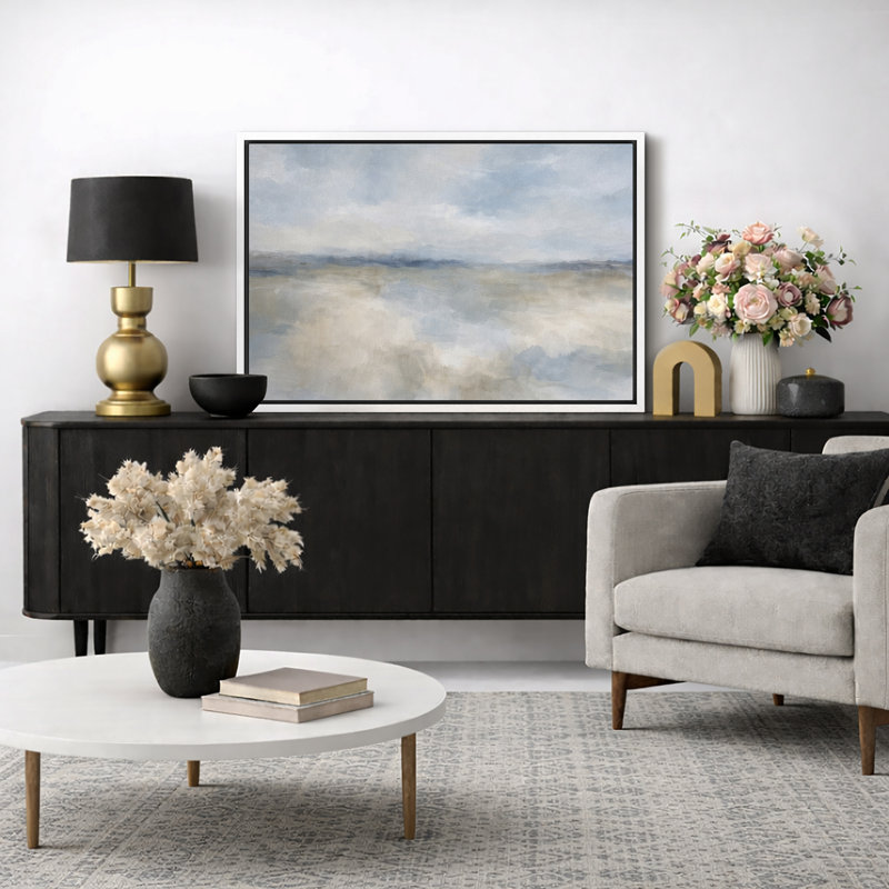 Soft Blue Beige Abstract Sky Landscape Artwork, Minimalist Living Room Pictures, Framed Canvas Giclee Print Wall Art