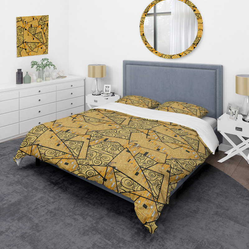 Gold Klimt Patchwork Abstract Duvet Cover, King Duvet Cover + 2 King Shams