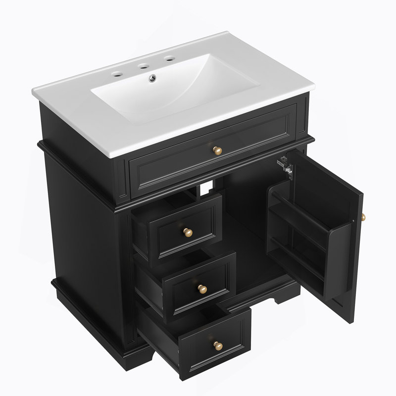 Meuble-lavabo de salle de bain avec lavabo, plusieurs tiroirs et tablette de porte, fonction de fermeture en douceur, idéale pour organiser vos articles de salle de bain essentiels