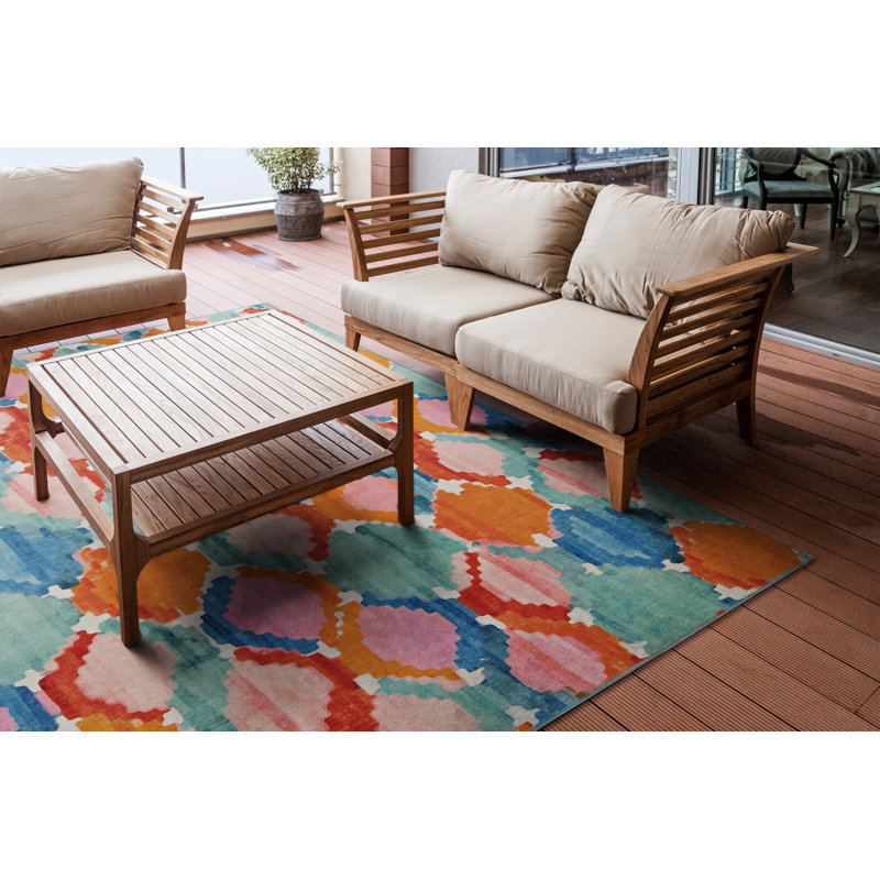 Archie-Lee Kivett Aqua and Orange Indoor Outdoor Machine Washable Area Rug, Rectangle 7' x 9'