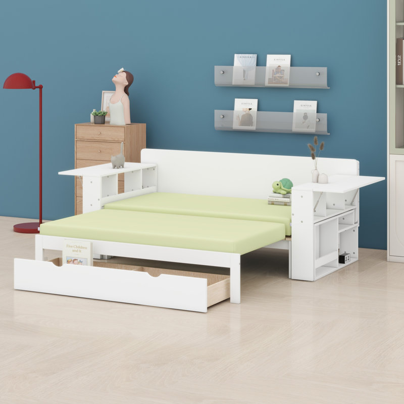 Lit de jour avec bureau amovible, tiroirs de rangement et table d'appoint hydraulique, Blanc