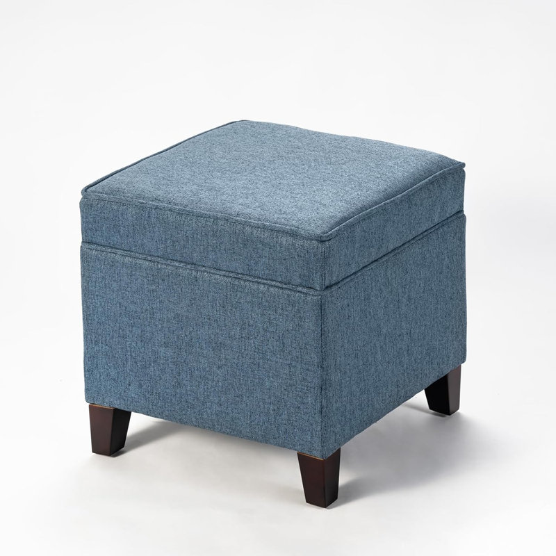 17.5" Square Upholstered Storage Ottoman, Blue Linen Blend
