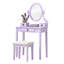 Coiffeuse en bois violet avec tabouret rembourré, miroir et rangement à 3 tiroirs. Style moderne et 3 positions réglables.