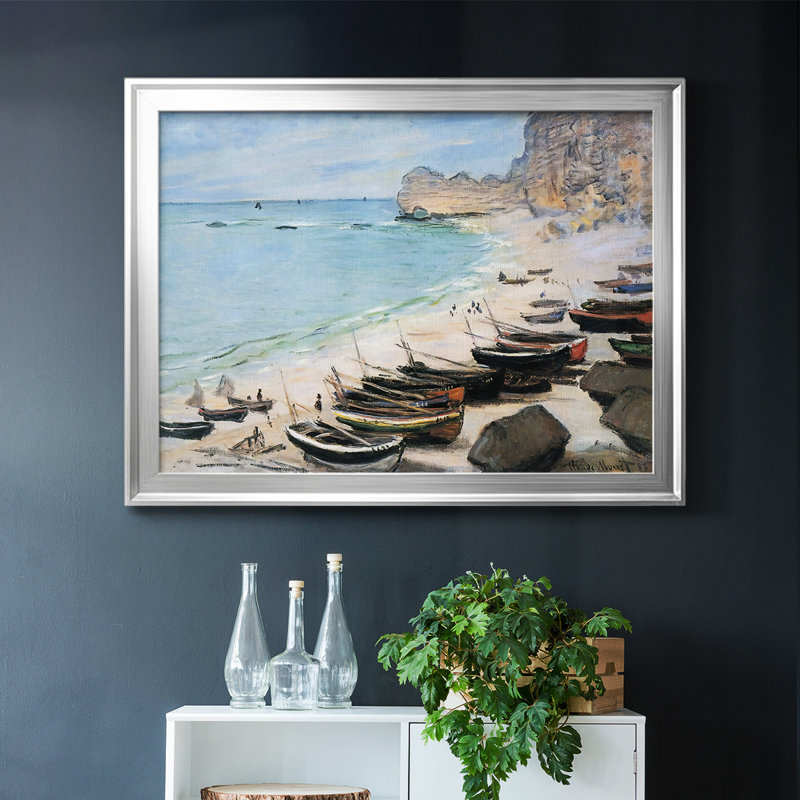 Bateaux sur la plage à Etretat - reproduction de photo sur toile, Argent, H 26 po x l 38 po x P 1,5 po