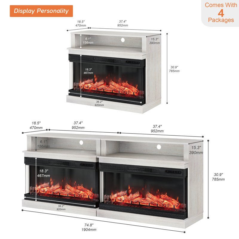 Gracie Oaks Set Of 2 Fireplace Farmhouse Entertainment Center For 85 Inch, White