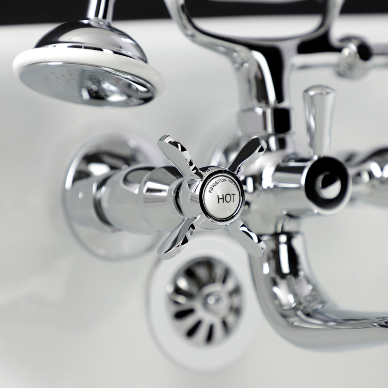 Kingston Brass Essex Three-Handle 2-Hole Tub Wall Mount Clawfoot Tub Faucet with Handshower, Polished Chrome