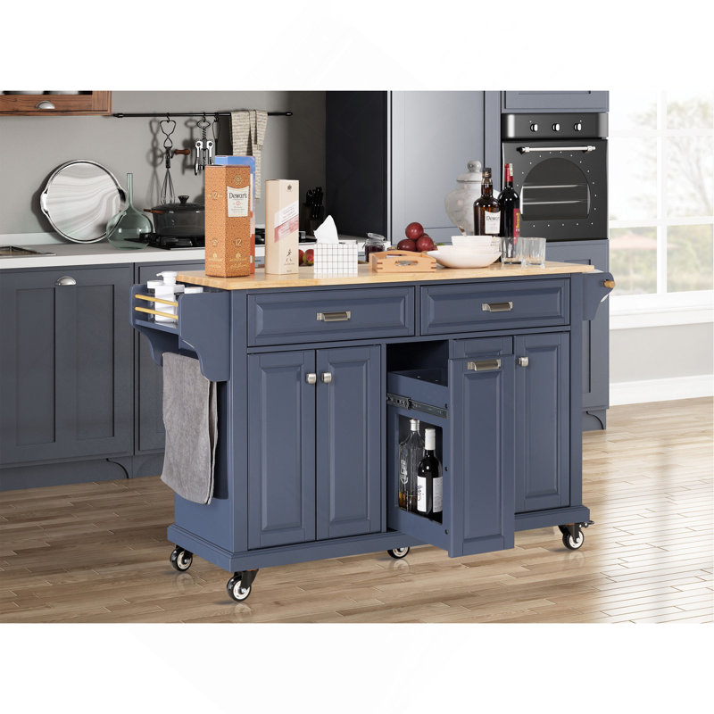 Îlot de cuisine avec comptoir en bois d'hévéa, Bleu