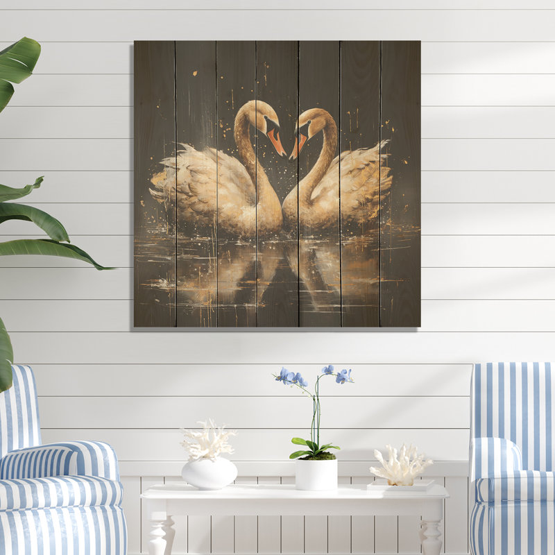 Golden Swans Wandering Pond III - cygne sur bois, H 15 po x l 15 po
