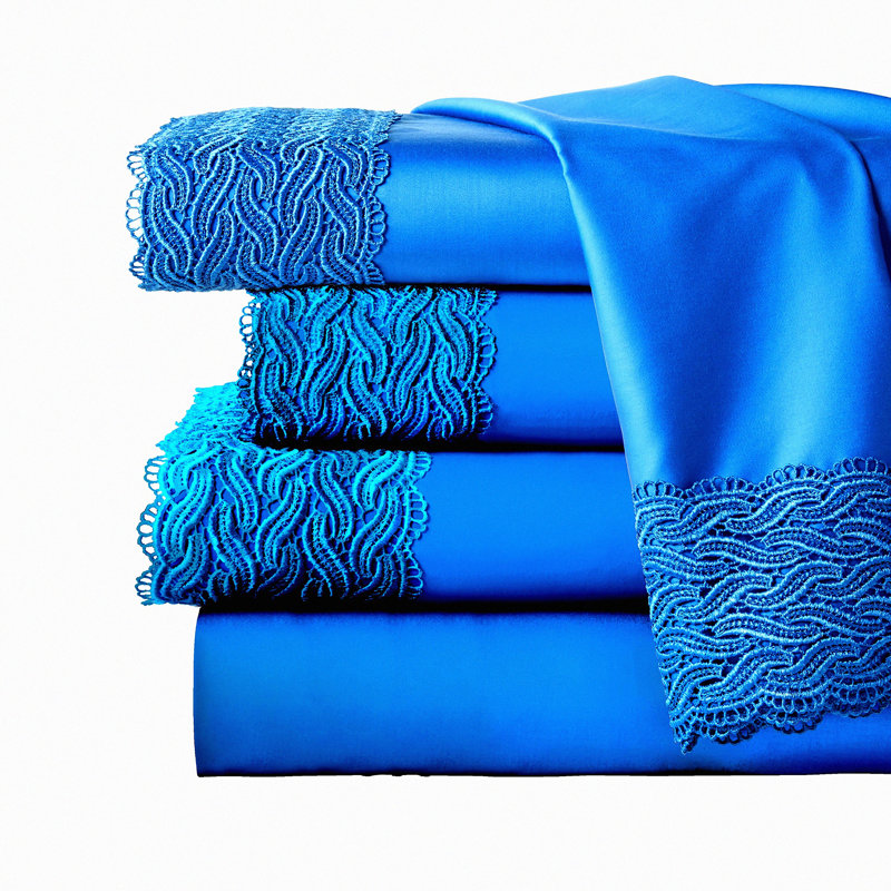 Bridal Lace Sheet Set - 300TC Combed Cotton, Oversized, Luxurious Bedding for Wedding, Soft and Elegant Decor, Blue