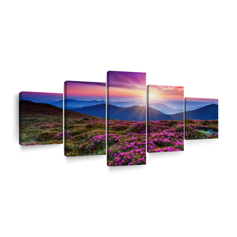 Fleurs roses au coucher du soleil sur toile, ensemble de 5 pièces, H 24 po x l 55 po x P 1,25 po