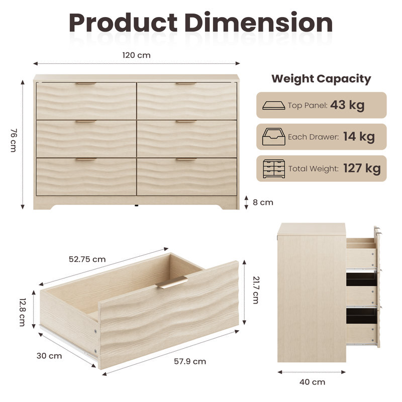 120cm W 6 - Drawer Chest of Drawers, Natural Wood Wavy Grain