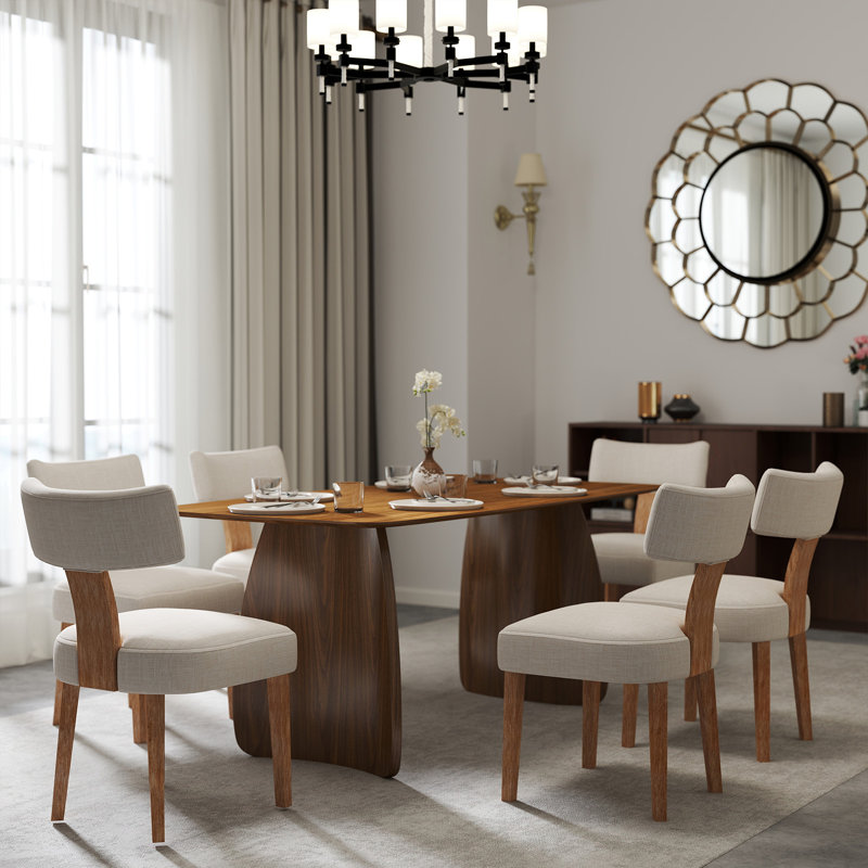 Dining Set, Mid-Century Modern Wooden Table & Upholstered Chair Set For Home, Kitchen, Dining Room, Walnut/Beige