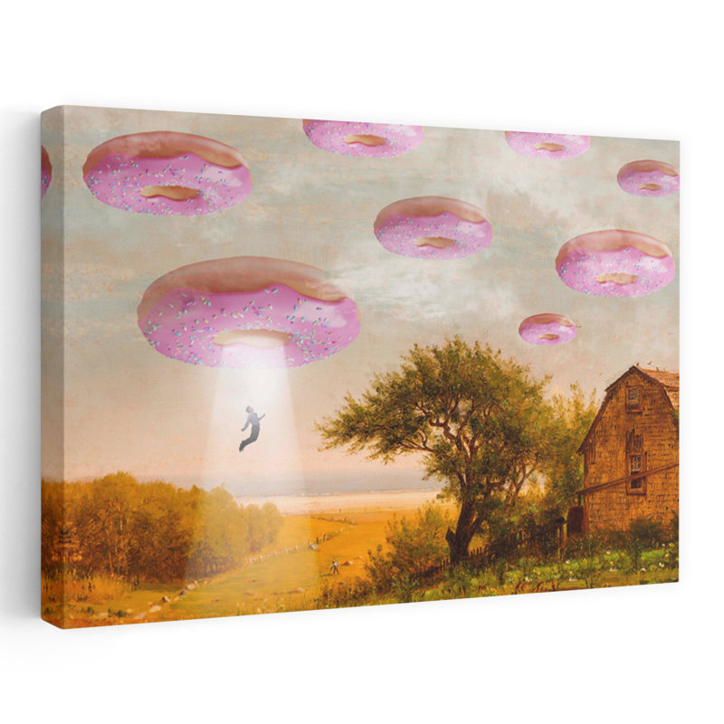 «Donut Invasion», art mural rétro surréel, paysage naturel, H 40 po x l 60 po
