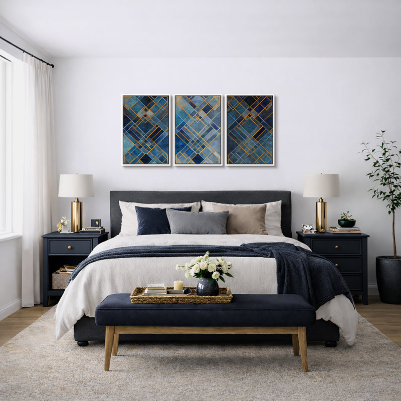 Art géométrique bleu et doré, images de salon, impression sur toile encadrée, 3 pièces, H 36 po x l 72 po x P 1,5 po