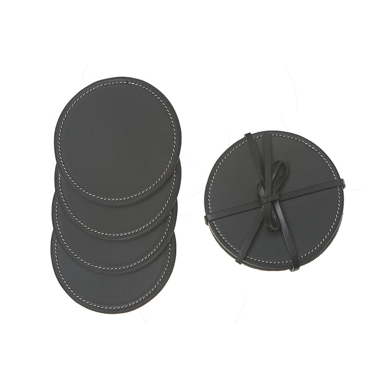 Set of 4 Round Brown Leather Coasters