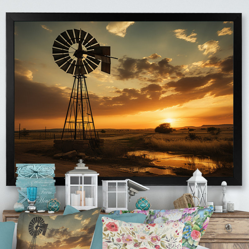 Texas Rustic Windmills - Wind Turbines, art mural pour le salon, H 16 po x l 32 po x P 1 po, Cadre noir