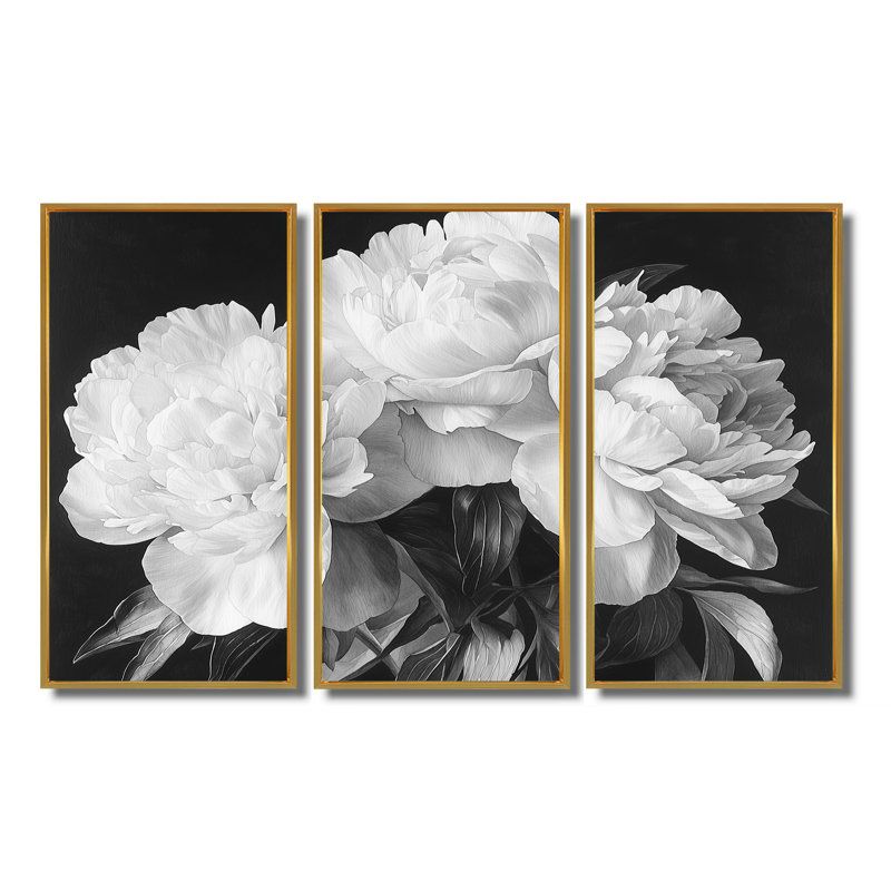 Pivoines en blanc et noir - Décoration murale pivoines - 3 pièces, Impression encadrée sans passe-partout, Doré